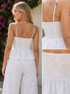 Meride Fashion Kadın Beyaz Nakışlı Askılı Peplum Bluz