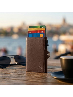 Trusador Palma Kahverengi Mekanizmalı Ikiye Katlanır Kartlık Hakiki Deri Cüzdan Unisex Kadın Erkek Rfid Korumalı