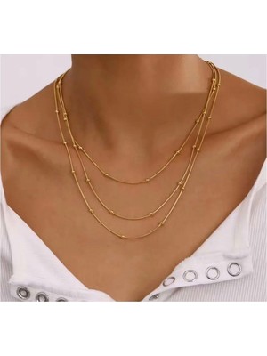Nisa Baby Çelik Dorika Boncuk Detay 3'lü Gold Rengi Kolye