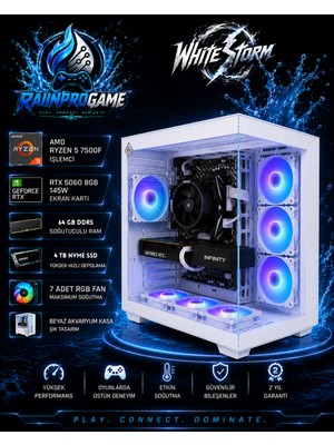 Rainpro Whitestorm Ryzen 5 7500F 64 GB Ddr5 4 TB Nvme SSD RTX5060 8gb 145W Windows 11 Pro 7 Rgb Fanlı Beyaz Akvaryum Kasa Oyuncu Bilgisayarı WHITESTORMRNP12