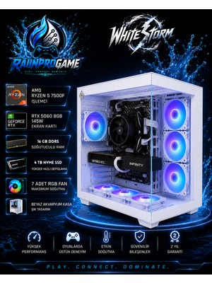 Rainpro Whitestorm Ryzen 5 7500F 16 GB Ddr5 4 Tb Nvme SSD RTX5060 8gb 145W Windows 11 Pro 7 Rgb Fanlı Beyaz Akvaryum Kasa Oyuncu Bilgisayarı WHITESTORMRNP04