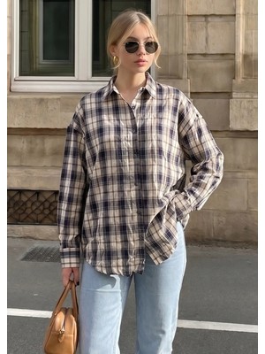 Madmext Lacivert  Basic Kare Desenli Kadın Gömlek MG2828