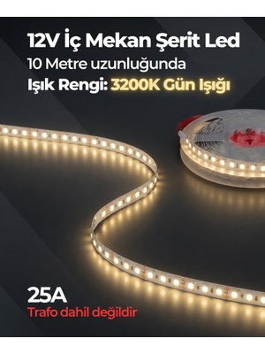 AC Aydınlatma 12V Iç Mekan Şerit LED 10 Metre 3200K Gün Işığı Kesilebilir LED Şerit Trafo Hariç