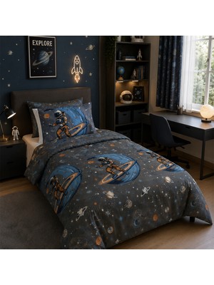Lief Home Astronot Uzay Desenli Tek Kişilik Nevresim 160X220, Lastikli Çarşaflı 120X200, Genç&çocuk Nevresim Takımı