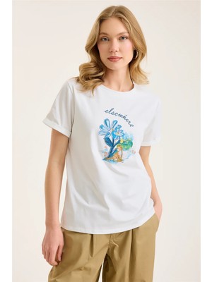 Home Store Kedili Çiçek Nakışlı Tshirt