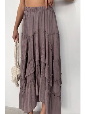 Nana & Mayka Moda Nana Mayka Moda Kadın Vizon Gofre Fırfırlı Uzun Etek – Astarlı, Iç Göstermez, Yazlık, Volanlı, 3001