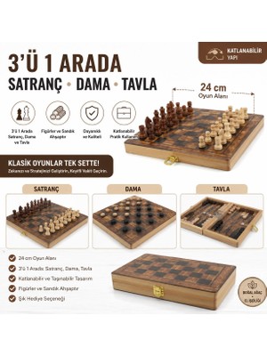 Elifeshop Lüks Ahşap 3ü 1 Arada Satranç Dama Tavla Seti Katlanabilir Kilitli Oyun & Eğlence Takımı 24 cm