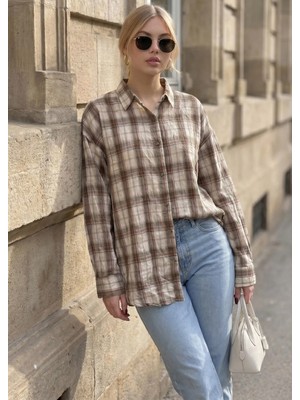 Madmext Haki Basic Kare Desenli Kadın Gömlek MG2828
