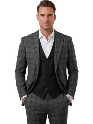 Rizzup Erkek Antrasit Slim Fit Ekose 3’lü Takım Elbise – Siyah Yelekli Kare Desenli Takım 2601589