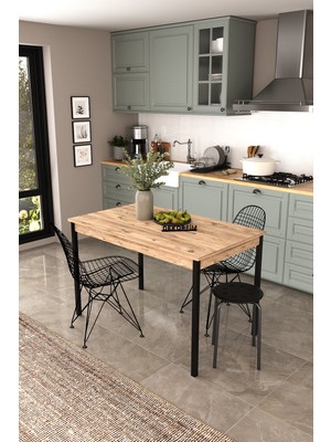 Dekorfim DF01113 Dekoratif Mutfak Masası 120X70 4-6 Kişilik Şık, Modern, Metal Ayaklı Salon Yemek Masası Atlantik Çam