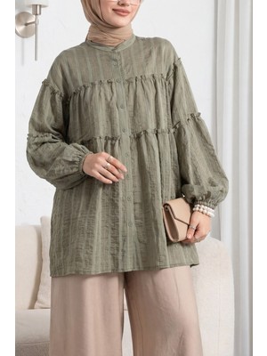 Moda Morfo Dik Yaka Sim Çizgili Balon Kol Oversize Gofre Tunik -Haki