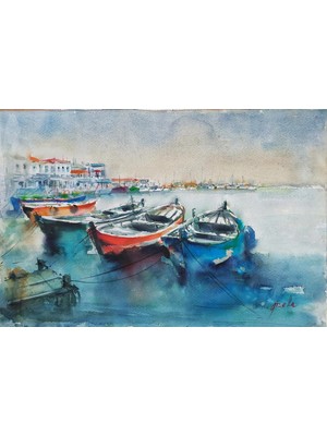 Muguetarts %100 El Yapımı Manzara Suluboya Resmi 56X37 cm Çerçevesiz