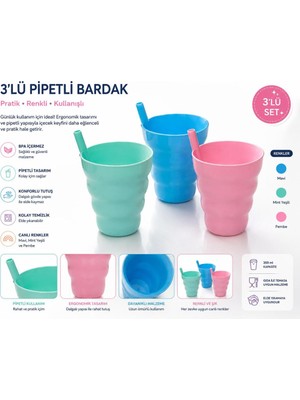 Güzelyüz Avm 3'lü Pipetli Plastik Bardak Renkli Bardak Seti