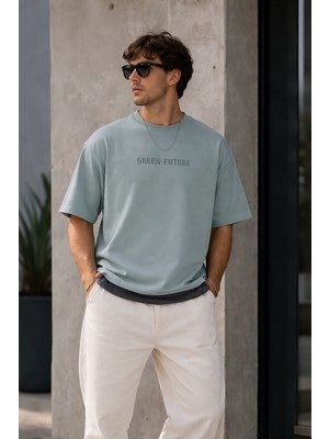 We&Me Oversize Boxy Fit Erkek T-Shirt – Kalın Pamuklu, Green Future Baskılı, Sokak Stili Premium Tişört