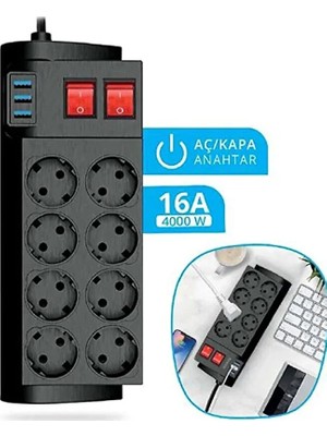 Light Nova 8'li Priz 4000WATT Akım Korumalı Uzatma Kablosu / 2 Metre / 16A / 3xusb / 2.1A