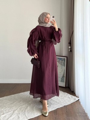 Miraydin Butik Kadın Kolu Fırfırlı Modal Elbise M2648 -  Mürdüm