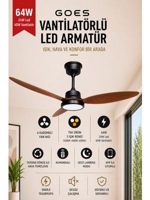 Goes Büyük Boy Tavan Vantilatörü LED Avize 132CM 65 Watt 6 Kademeli Kumandalı ve Telefon Uygulaması Kontrollü Gva-64