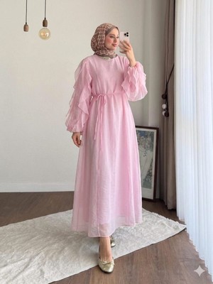 Miraydin Butik Kadın Kolu Fırfırlı Modal Elbise M2648 -  Pembe