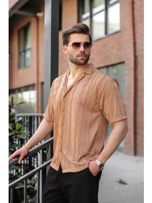 Madmext Bej Dalga Desenli Regular Fit Erkek Gömlek E6771