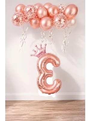 Esplendor Rose Gold Folyo Balon Seti, 3 Rakam ve Kral Tacı ile Parti Dekorasyonu