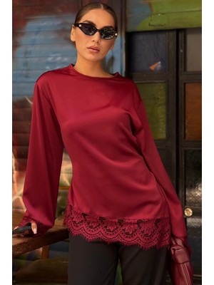 Madmext Bordo Asimetrik Dantelli Uzun Kollu Saten Bluz MG2799