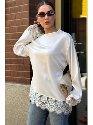 Madmext Beyaz Asimetrik Dantelli Uzun Kollu Saten Bluz MG2799