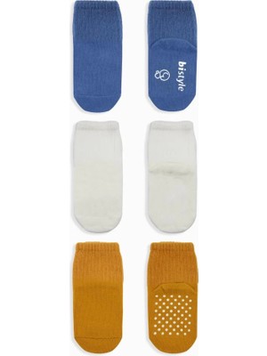 Renas Store 3'lü Kaymaz Penye Soket Çorap 10107 Indigo Ekru Hardal