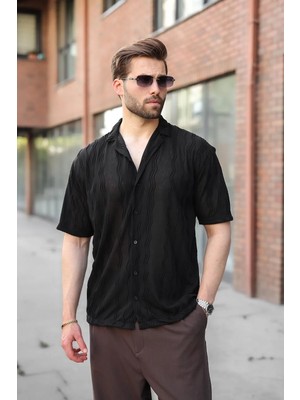 Madmext Siyah Dalga Desenli Regular Fit Erkek Gömlek E6771
