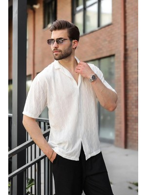 Madmext Beyaz Dalga Desenli Regular Fit Erkek Gömlek E6771