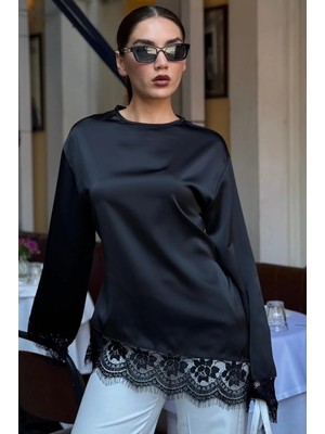 Madmext Siyah Asimetrik Dantelli Uzun Kollu Saten Bluz MG2799