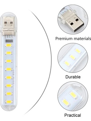 Light Nova USB 8 LED Beyaz Lamba Gece Lambası Laptop - Powerbank Uyumlu LED Kamp Işığı