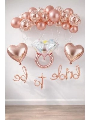 Esplendor Patladı Gitti Bride To Be El Yazısı, Tek Taş Yüzük ve Kalp Folyo Balonlu Rose Gold Set