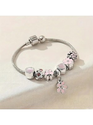 Takantakana Pandora Tarz Gümüş Charm Bileklik Pembe Crystal Soft Çiçek Aşk
