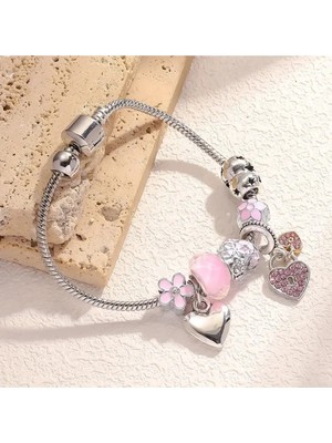 Takantakana Pandora Tarz Gümüş Charm Bileklik Pembe Kalp Sade Şık Crystal Aşk