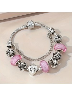 Takantakana Pandora Tarz Gümüş Charm Bileklik Mavi Pembe Crystal