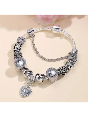 Takantakana Pandora Tarz Gümüş Charm Bileklik Beyaz Crystal Aşk Kalp