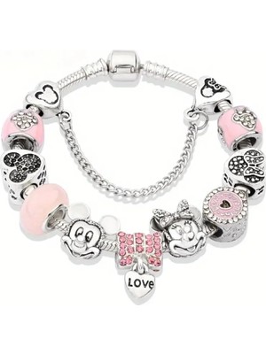 Takantakana Pandora Tarz Gümüş Charm Bileklik Mickey ve Minnie Mause Pembe