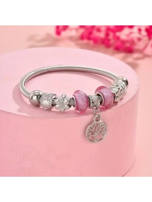 Takantakana Pandora Tarz Gümüş Charm Bileklik Pembe Hayat Ağacı Temalı