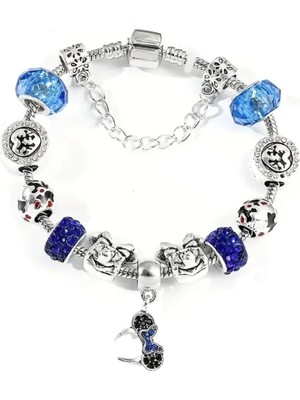 Takantakana Pandora Tarz Gümüş Charm Bileklik Disney Karakter Mavi Crystal Aşk Kalp