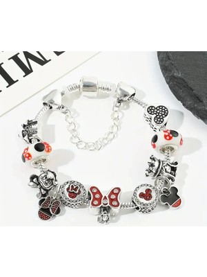 Takantakana Pandora Tarz Gümüş Charm Bileklik Disney Mickey Minnie Mouse Temalı