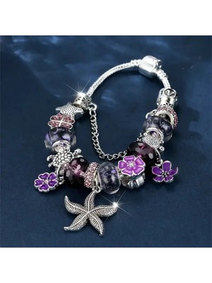 Takantakana Pandora Tarz Gümüş Charm Bileklik Mor Sailor Temalı Deniz Yıldızı Aşk Kalp