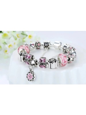 Takantakana Pandora Tarz Gümüş Charm Bileklik Collectios Charm Bileklik Pembe Charmlı