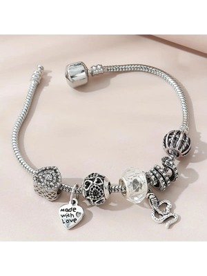 Takantakana Pandora Tarz Gümüş Charm Bileklik Crystal Made With Love Şık Kalp