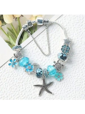 Takantakana Pandora Tarz Gümüş Charm Bileklik Blue Crystal Deniz Yıldızı Caretta Aşk