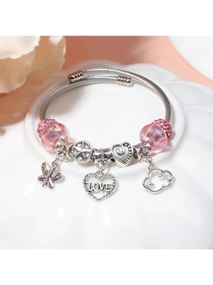 Takantakana Pandora Tarz Gümüş Charm Bileklik Pembe Love Crystal Taşlı Aşk Kalp
