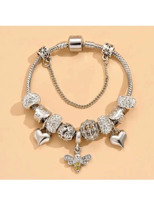 Takantakana Pandora Tarz Gümüş Charm Bileklik Crystal Şans Arı Kalp Charmlı Aşk