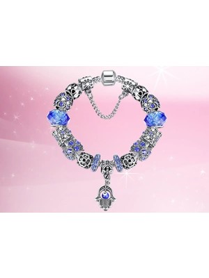 Takantakana Pandora Tarz Gümüş Charm Bileklik Tarz Mavi Taşlı Charm Bileklik
