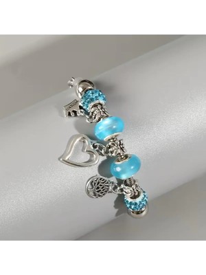 Takantakana Pandora Tarz Gümüş Charm Bileklik Mavi Kalp Hayat Agacı