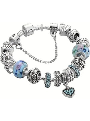 Takantakana Pandora Tarz Gümüş Charm Bileklik Mavi Kristal Aşk Kalp