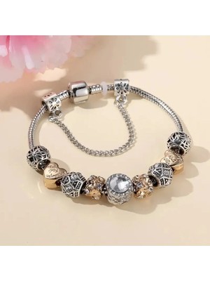 Takantakana Pandora Tarz Gümüş Charm Bileklik Gold My Valentina Aşk Kalp
